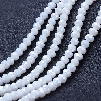 Electroplate Glass Beads Strands, Opaque Solid Color, AB Color Plated, Faceted, Rondelle, White, 4x3mm, Hole: 0.4mm, about 130pcs/strand, 16.54 inch(42cm)