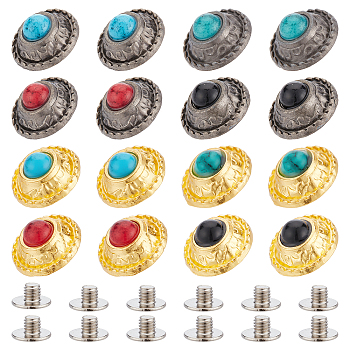32 Sets 8 Colors Alloy Buttons, with Synthetic Turquoise and Screws, DIY Accessaries, Flat Round with Flower, Gunmetal & Golden, 12x8.5mm, Hole: 2.2mm, 4sets/color