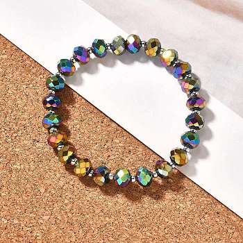 Electroplate Glass Stretch Bracelets, with Brass Spacer Beads, Round, Multi-color Plated, 2-1/8 inch(5.3cm)