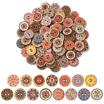Printed Wooden Buttons, 2-Hole, Flat Round with Flower Pattern, Mixed Color, 14.5x2.5mm, Hole: 1.6mm, 100pcs/bag