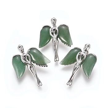 Natural Green Aventurine Pendants, with Platinum Tone Brass Findings, Angel, 34x23x8mm, Hole: 5x3mm