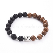 Unisex Stretch Bracelets, with Natural Lava Rock Beads, Tibetan Style Alloy Beads, 304 Stainless Steel Spacer Beads and Wood Beads, Buddha Head, Antique Silver & Stainless Steel Color, 2-3/8 inch(6.2cm)(X-BJEW-JB04962-04)