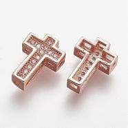 Brass Micro Pave Cubic Zirconia Beads, Cross, Clear, Rose Gold, 10.5x7.5x3mm, Hole: 1mm(ZIRC-N025-55RG)