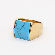 Rectangle Synthetic Turquoise Finger Ring, Golden Titanium Steel Jewelry, Golden, Inner Diameter: 18.2mm(FIND-PW0021-08B-G)