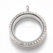 Alloy Magnetic Locket Pendants, with Rhinestone and Glass, Flat Round, Crystal, 37x30.5x7.5mm, Hole: 3.5mm, Inner diameter: 23mm(PALLOY-T052-23P)