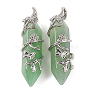 Natural Green Aventurine Double Terminal Pointed Pendants, Brass Flower Wrapped Faceted Bullte Charms, Platinum, 50x12x15mm, Hole: 9x5mm(G-C144-03P-10)