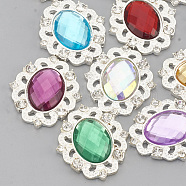 Alloy Acrylic Rhinestone Cabochons, with Rhinestone, Faceted, Oval, Silver Color Plated, Mixed Color, 31x27x5mm(X-RB-N050-01-24S)
