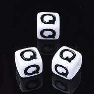 Acrylic Horizontal Hole Letter Beads, Cube, White, Letter Q, Size: about 7mm wide, 7mm long, 7mm high, hole: 3.5mm, about 200pcs/50g(X-PL37C9129-Q)