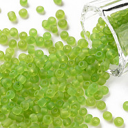Glass Seed Beads, Frosted Colors, Round, Green Yellow, 4mm, Hole: 1~1.5mm, about 4500pcs/pound(SEED-A008-4mm-M4)