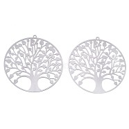 201 Stainless Steel Filigree Pendants, Etched Metal Embellishments, Flat Round with Tree of Life, Stainless Steel Color, 47x45x0.3mm, Hole: 1.4mm(X-STAS-R102-37P)