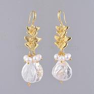 Natural Baroque Pearl Keshi Pearl Dangle Earrings, with Natural Pearl Beads, Brass Links and Earring Hooks, with Cardboard Packing Box, Flower, Real 18K Gold Plated, 64mm, Pin: 0.7mm(EJEW-JE03879)