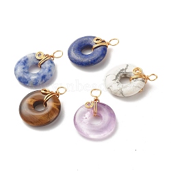 Natural Gemstone Pendants, with Real 18K Gold Plated Copper Wire Wrapped, Donut/Disc, 22.5~24x17x5mm, Hole: 2.7mm(PALLOY-JF01285)