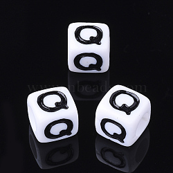 Acrylic Horizontal Hole Letter Beads, Cube, White, Letter Q, Size: about 7mm wide, 7mm long, 7mm high, hole: 3.5mm, about 200pcs/50g(X-PL37C9129-Q)