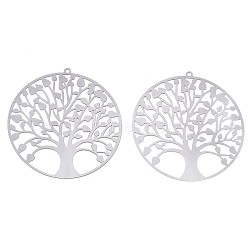 201 Stainless Steel Filigree Pendants, Etched Metal Embellishments, Flat Round with Tree of Life, Stainless Steel Color, 47x45x0.3mm, Hole: 1.4mm(X-STAS-R102-37P)