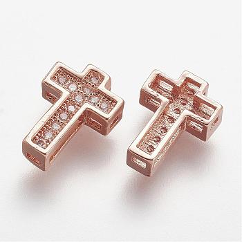 Brass Micro Pave Cubic Zirconia Beads, Cross, Clear, Rose Gold, 10.5x7.5x3mm, Hole: 1mm