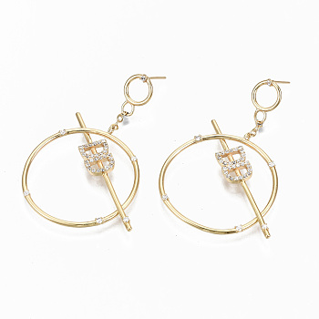 Brass Micro Pave Clear Cubic Zirconia Dangle Stud Earrings, Nickel Free, Ring, Real 18K Gold Plated, 50x30mm, Pin: 0.7mm