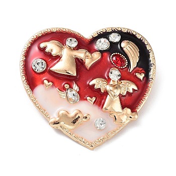 Alloy Pave Rhinestone Brooch, with Enamel, Heart with Angel, FireBrick, 51x54.5x14mm, Hole: 7x5mm