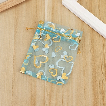 Rectangle Organza Drawstring Gift Bags, Gold Stamping Heart Pouches for Wedding Party Gift Storage, Medium Turquoise, 12x9cm