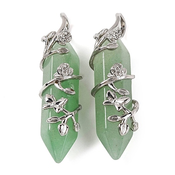 Natural Green Aventurine Double Terminal Pointed Pendants, Brass Flower Wrapped Faceted Bullte Charms, Platinum, 50x12x15mm, Hole: 9x5mm