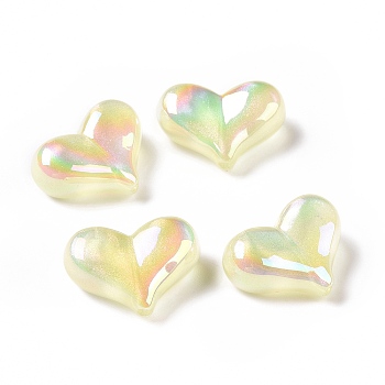 UV Plating Rainbow Iridescent Acrylic Beads, with Glitter Powder, Heart, Yellow, 16.5x22.5x9mm, Hole: 1.6mm