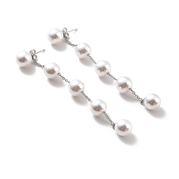 Round Plastic Pearl Beaded Long Chain Dangle Stud Earrings, 304 Stainless Steel Drop Earrings for Women, Stainless Steel Color, 95x10mm, Pin: 0.7mm