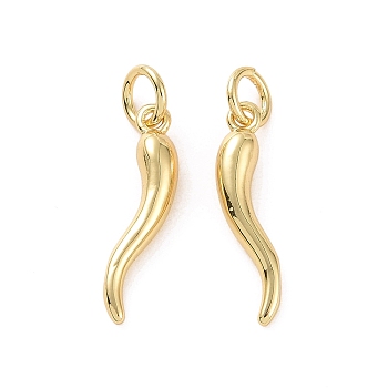 Rack Plating Brass Pendants, with Jump Ring, Long-Lasting Plated, Cadmium Free & Lead Free, Horn of Plenty/Italian Horn Cornicello Charm, Real 18K Gold Plated, 18x4x4mm, Jump Ring: 5x1mm, Inner Diameter: 3mm