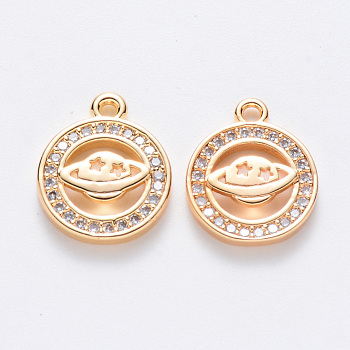 Brass Micro Pave Cubic Zirconia Charms, Nickel Free, Flat Round with Planet, Real 18K Gold Plated, Clear, 14x11.5x2.5mm, Hole: 1.2mm