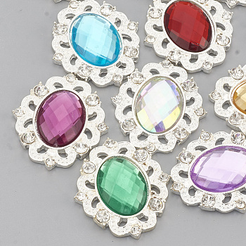 Alloy Acrylic Rhinestone Cabochons, with Rhinestone, Faceted, Oval, Silver Color Plated, Mixed Color, 31x27x5mm