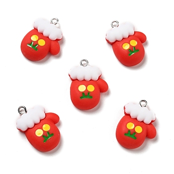 Christmas Opaque Resin Pendants, with Platinum Tone Iron Loops, Glove Charm, Red, 26x19x7mm, Hole: 2x2.1mm
