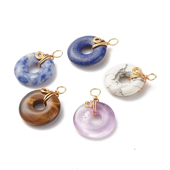 Natural Gemstone Pendants, with Real 18K Gold Plated Copper Wire Wrapped, Donut/Disc, 22.5~24x17x5mm, Hole: 2.7mm