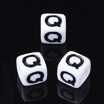 Acrylic Horizontal Hole Letter Beads, Cube, White, Letter Q, Size: about 7mm wide, 7mm long, 7mm high, hole: 3.5mm, about 200pcs/50g