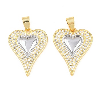 Brass Micro Pave Cubic Zirconia Pendants, Heart Charms, Platinum & Golden, 26x20.5x3.5mm, Hole: 5x3mm