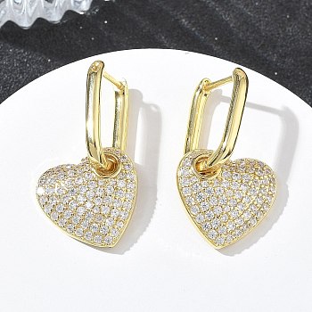 Brass Micro Pave Cubic Zirconia Hoop Dangle Earrings for Women, Heart, Rack Plating, Long-Lasting Plated, Lead Free & Cadmium Free, Real 18K Gold Plated, 29x17mm