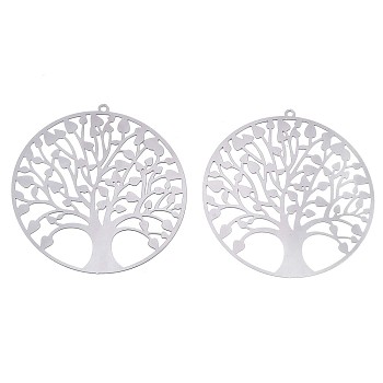 201 Stainless Steel Filigree Pendants, Etched Metal Embellishments, Flat Round with Tree of Life, Stainless Steel Color, 47x45x0.3mm, Hole: 1.4mm