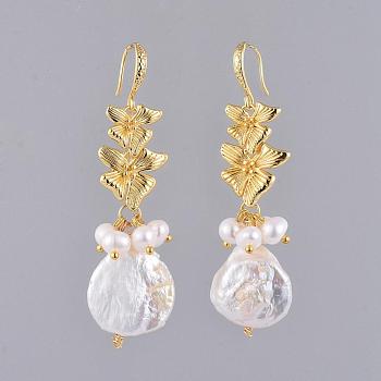 Natural Baroque Pearl Keshi Pearl Dangle Earrings, with Natural Pearl Beads, Brass Links and Earring Hooks, with Cardboard Packing Box, Flower, Real 18K Gold Plated, 64mm, Pin: 0.7mm