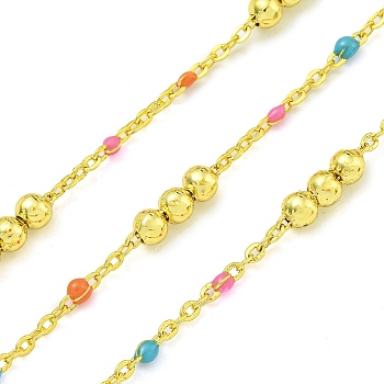 Brass Enamel Round Beaded Link Chain, Soldered, with Spool, Long-Lasting Plated, Cadmium Free & Lead Free, Real 18K Gold Plated, Colorful, 12x3.5mm