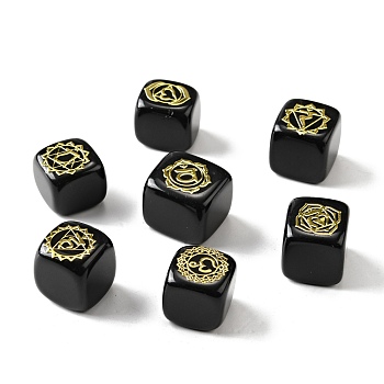 7Pcs 7 Styles Natural Obsidian Beads, with Long-Lasting Plated Golden Tone Brass Chakra Pattern Slices, Lead Free & Cadmium Free, No Hole, Cube, 15.5~18x15~17x14.5~17mm, 1pc/style