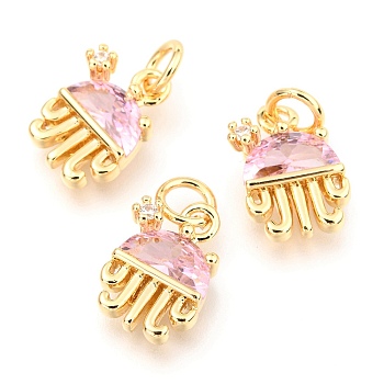 Brass Micro Pave Cubic Zirconia Charms, with Jump Rings, Long-Lasting Plated, Real 18K Gold Plated, Jellyfish Shape, Pearl Pink, 12.5x8.5x4.5mm, Hole: 3.3mm