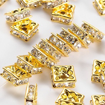 Brass Rhinestone Spacer Beads, Square, Nickel Free, Golden Metal Color, Crystal, 8x8x4mm, Hole: 1mm
