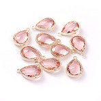 Glass Pendants, with Eco-Friendly Alloy Open Back Berzel Findings, Faceted, teardrop, Light Gold, Misty Rose, 18x12x5mm, Hole: 1.4mm(GLAA-A037-G-08KC)