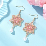 Dyed Natural Malaysia Jade & Glass Seed Beaded Flower with Teardrop Dangle Earrings, with Stainless Steel Earring Findings, Golden, Pink, 65~65.5x26mm(EJEW-MZ00710-02)