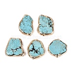 Dyed Natural Howlite Beads, Nuggets, Brass Bezeled Gemstone Beads, Light Gold, Turquoise, 34~41x26~36x6.5~7mm, Hole: 1.2~1.4mm(G-Q606-04A-01)