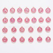 Initial Letter A~Z Alphabet Enamel Charms, Flat Round Disc Double Sided Charms, Flamingo, 14x12x2mm, Hole: 1.5mm, 26pcs/set(ENAM-X0018-03)
