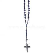 Natural Lapis Lazuli Rosary Bead Necklace, Synthetic Hematite Cross Pendant Necklace, 27.56 inch(70cm)(WG81562-02)