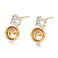 Brass Micro Pave Cubic Zirconia Stud Earring Findings, with 925 Sterling Silver Pins, for Half Drilled Bead, Cadmium Free & Nickel Free & Lead Free, Flat Round, Real 18K Gold Plated, 11.5x7mm, Pin: 0.7mm, Pin: 0.9mm(for half drilled beads)(KK-N233-132)