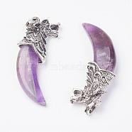 Natural Amethyst Big Pendants, with Alloy Findings, Tusk Shape, Antique Silver, 58x19x9mm, Hole: 4x5mm(G-G646-A03)