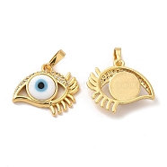 Rack Plating Brass Micro Pave Clear Cubic Zirconia Pendants, with Handmade Evil Eye Lampwork, Cadmium Free & Lead Free, Long-Lasting Real 18K Gold Plated, Eye Charm, White, 17x19.5x5mm, Hole: 6x3mm(LAMP-A153-02G-03)