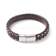 Leather Braided Cord Bracelets, 304 Stainless Steel Magnetic Clasp, Rectangle, Stainless Steel Color, Coconut Brown, 8-5/8 inch(22cm), 12x6mm(BJEW-E345-15C-P)
