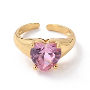 Heart Pink Cubic Zirconia Cuff Ring for Valentine's Day, Adjustable Open Ring, Cadmium Free & Lead Free, Real 18K Gold Plated, US Size 7 1/4(17.5mm)(RJEW-C017-08G-RS)