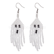 MIYUKI Round Rocailles Beaded Ghost Dangle Earrings, 316 Surgical Stainless Steel Tassel Earrings for Halloween, White, 77mm, Pin: 0.7mm(EJEW-TA00234)